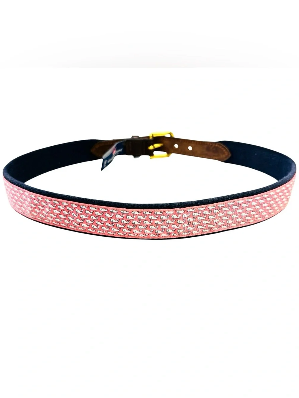 Vineyard Vines Pink Whale Pattern Web Belt with Brown Leather Men’s Sz. 30